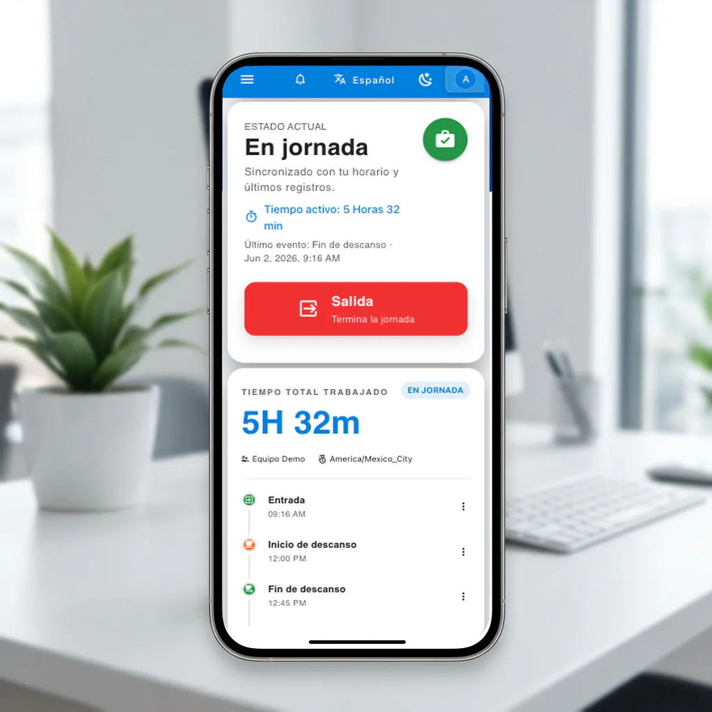 Reloj checador web de Horix mostrando botones de entrada, salida, break, estado de jornada y validación por ubicación.